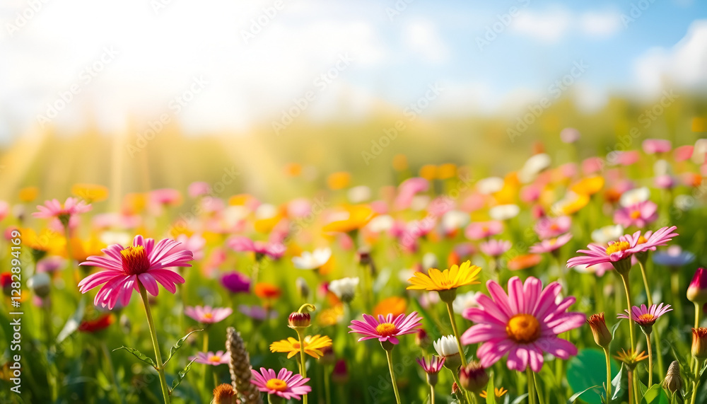Fototapeta premium Vibrant Wildflower Meadow BackgroundColorful Summer Meadow with SunbeamsColorful Summer Meadow with Sunbeams