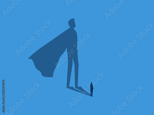 confidence concept, strength ,Businessman in the spotlight shines on the shadow of a super hero