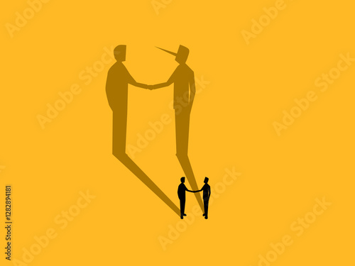 Lies, untrustworthiness, deception, two businessmen negotiate with a deceitful shadow