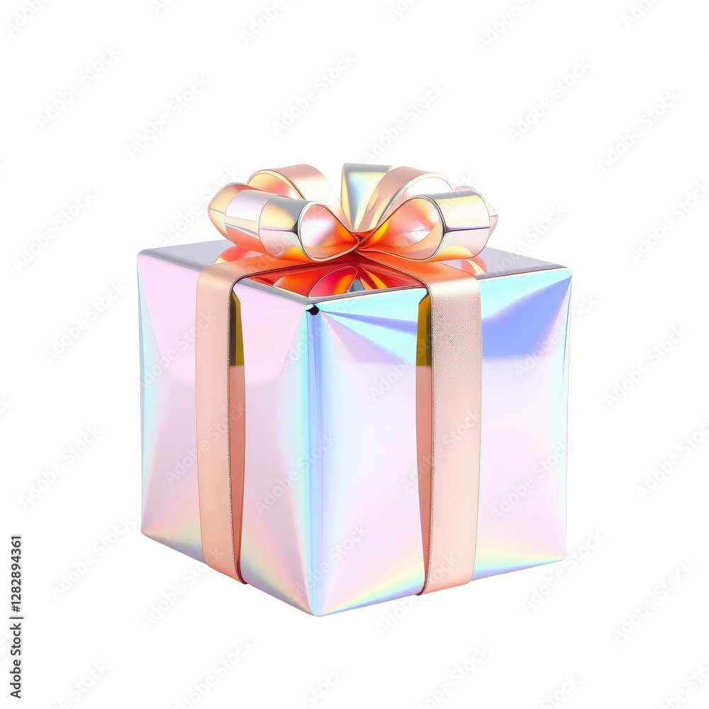 Shiny Holographic Gift Box with Ribbon and Bow on a White Background Shiny Holographic Gift Box with Ribbon and Bow on a White Background