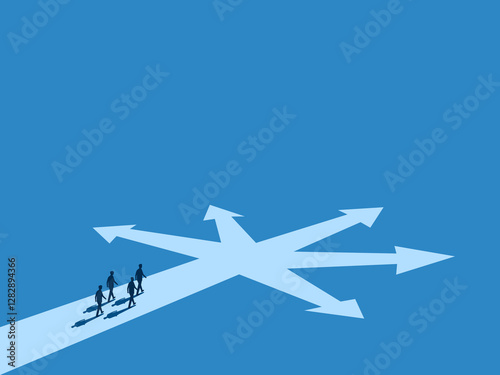 Businessman team walking at a crossroads following the arrows