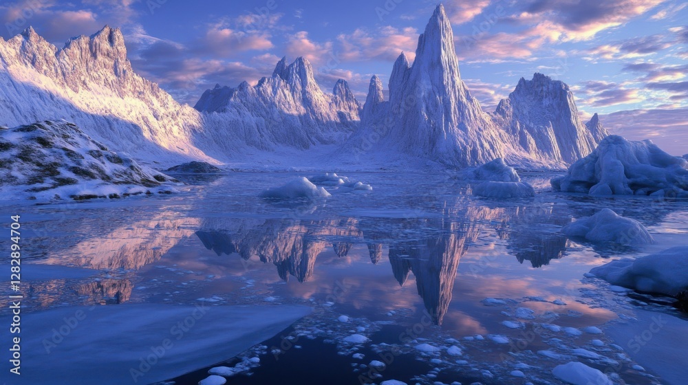 Obraz premium Frozen mountain peaks reflecting in a calm icy lake. Majestic snowy landscape.