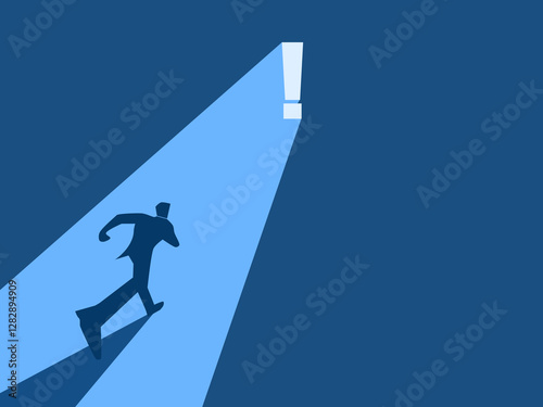 Find the answer, Mystery ,Businessman running towards warning icon