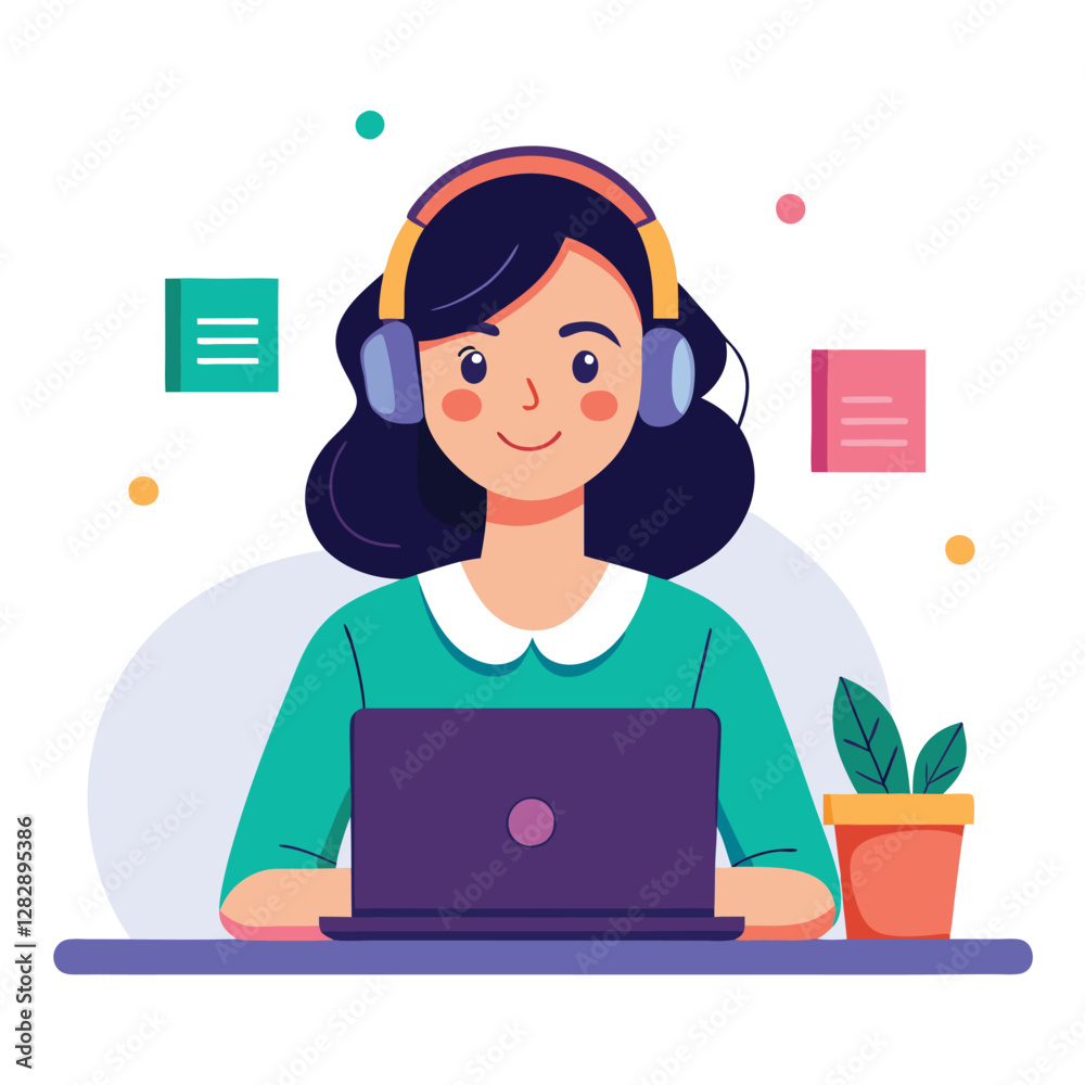 woman in headphones, studying at laptop. Happy female student watching business webinar. Video conference call, remote work communication. Flat vector illustration isolated on white background woman in headphones, studying at laptop. Happy female student watching business webinar. Video conference call, remote work communication. Flat vector illustration isolated on white background