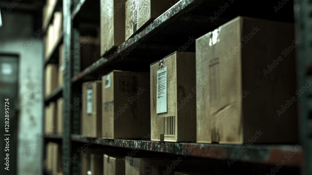 Obraz premium Full interior shot of a dark, industrial warehouse storage facility with many cardboard boxes on metal shelves.