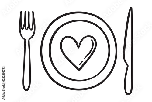 tableware with love heart symbol doodle hand drawn icon. Outline drawing tableware line clipart symbol