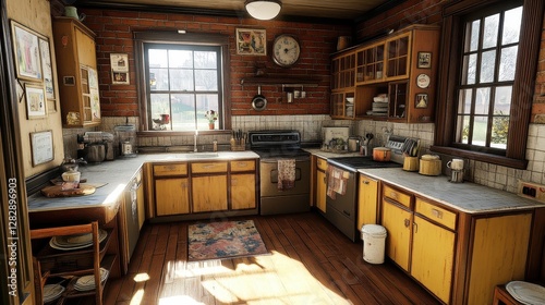 Vintage Kitchen With Yellow Cabinets And Brick Walls