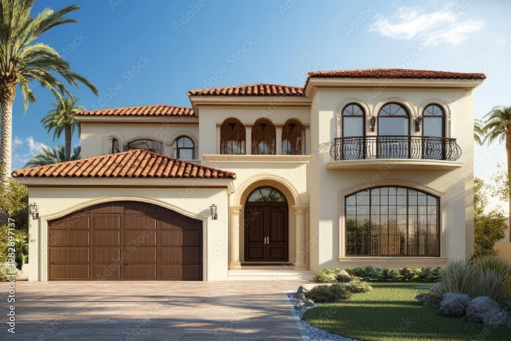Luxury Spanish-style house front facade, lush landscape. Use architectural rendering Luxury Spanish-style house front facade, lush landscape. Use architectural rendering