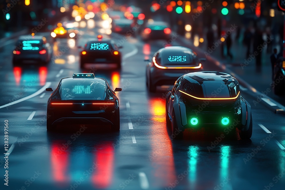 Autonomous Vehicles Navigate City Streets at Night, Showing Futuristic Transportation Technology in Urban Settings. Autonomous Vehicles Navigate City Streets at Night, Showing Futuristic Transportation Technology in Urban Settings.