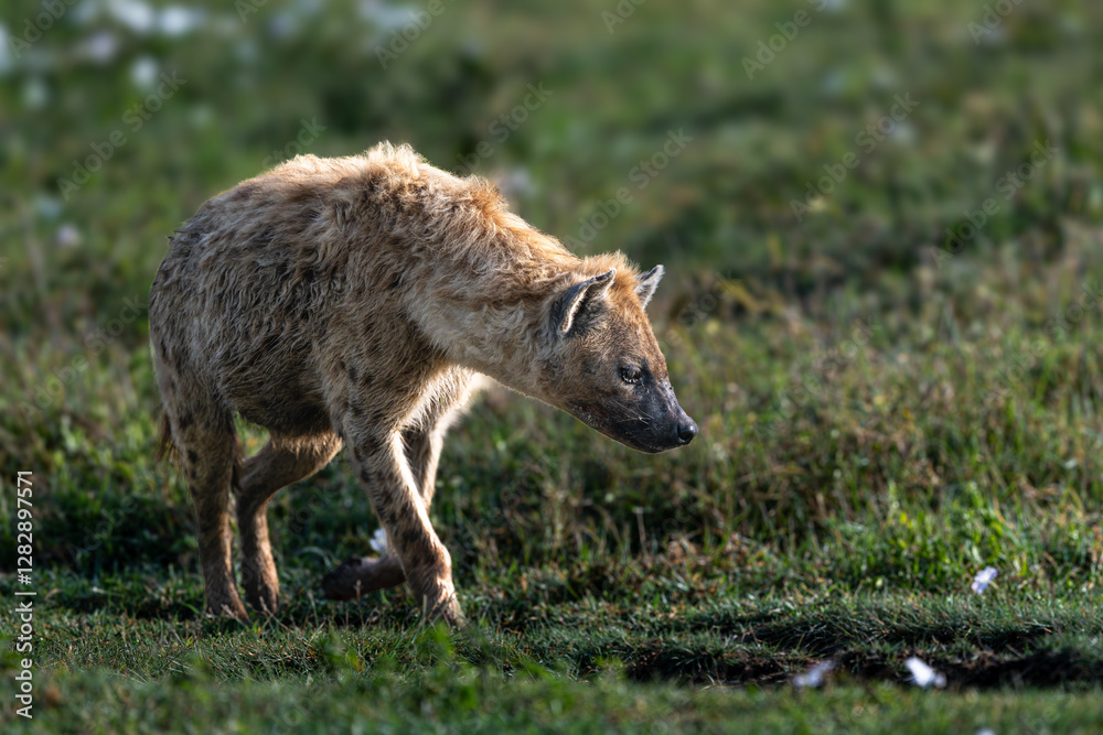 spotted hyenas in savanna, serengeti national park, tanzania spotted hyenas in savanna, serengeti national park, tanzania