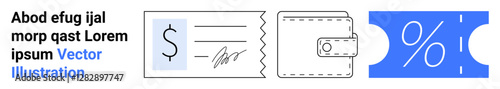 Receipt with dollar sign, wallet, and percentage discount coupon. Ideal for finance, savings, budgeting, retail, cashback coupons and shopping deals. Abstract line flat metaphor