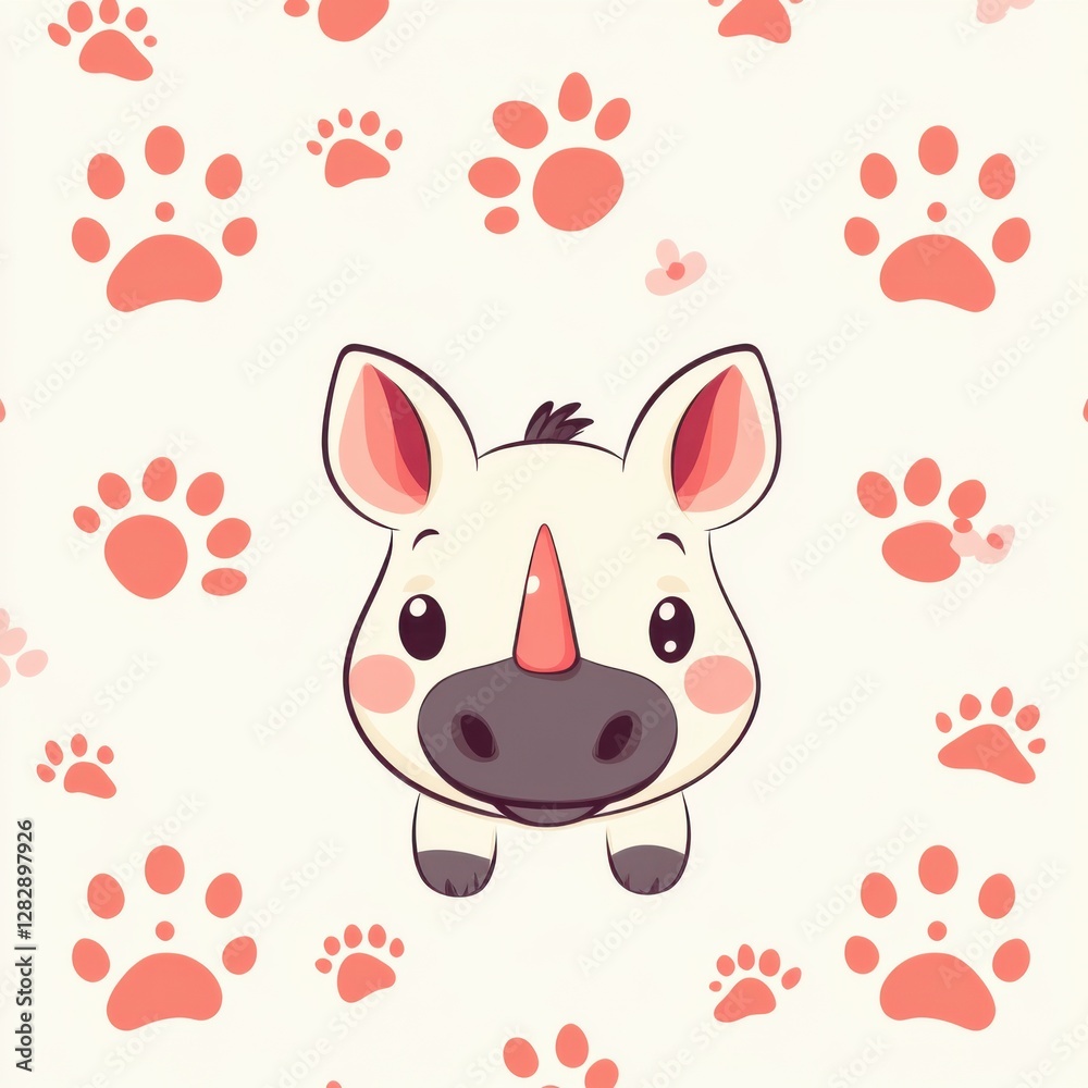 Obraz premium Cute rhinoceros face and paw print seamless pattern digital design playful environment whimsical viewpoint