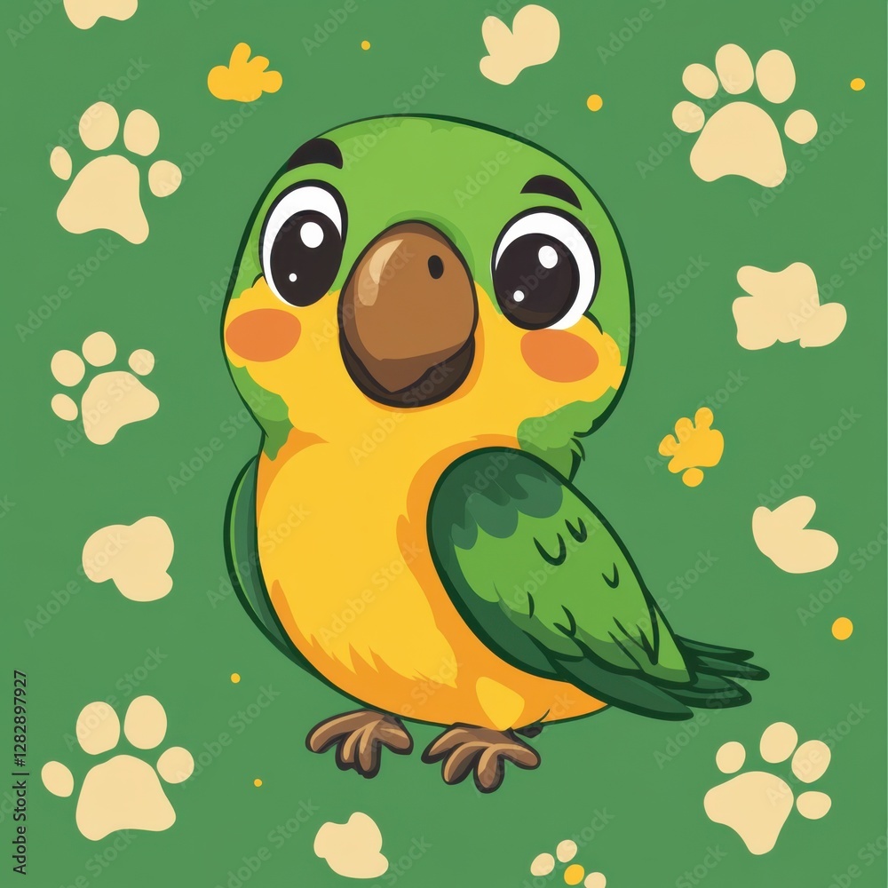 Obraz premium Cute parrot face and paw print seamless pattern digital design vibrant green background fun concept art