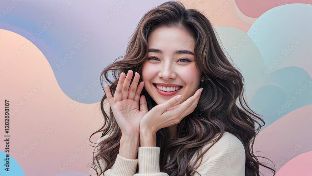 Fototapeta premium Smiling Young Woman with Long Wavy Hair Happily Enjoying a Bright and Cheerful Moment