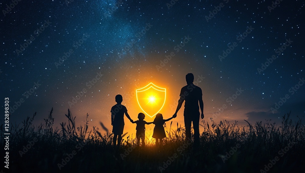 Fototapeta premium Family Silhouette Under Night Sky with Protective Shield, Showing Love and Security at Sunset.