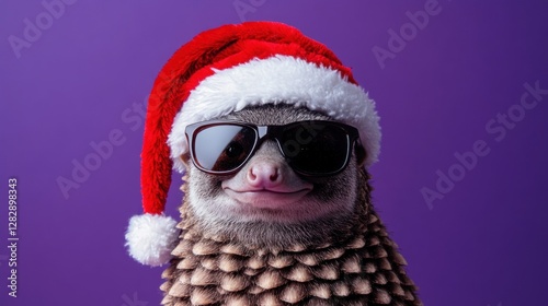 Funny anteater wearing Santa hat and sunglasses, festive portrait.