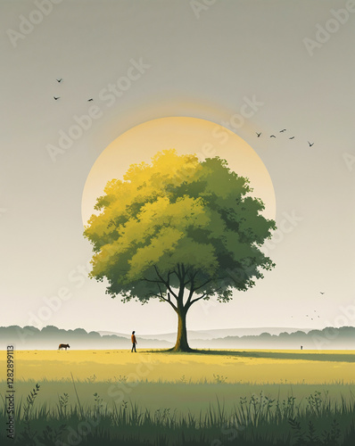Peaceful Walk Under a Majestic Tree at Sunset in Nature