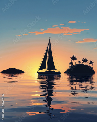 Sailboat at Sunset with Palm Trees and Golden Reflections