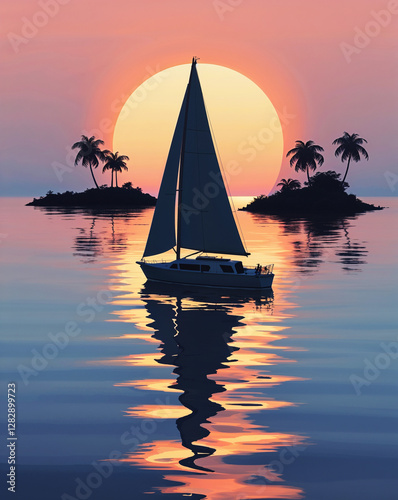 Sailboat at Sunset with Palm Trees and Golden Reflections