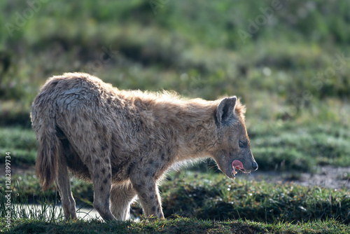 spotted hyenas in savanna, serengeti national park, tanzania
