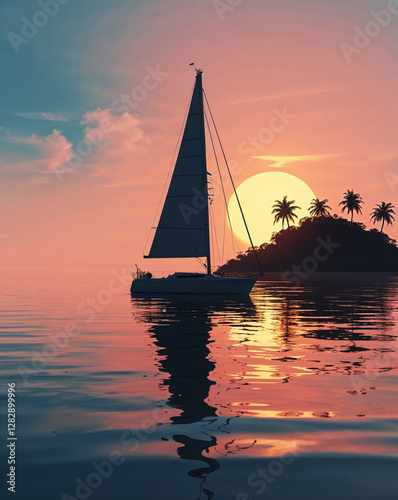 Sailboat at Sunset with Palm Trees and Golden Reflections