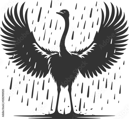 Ostrich spreading its wings in the rain animal vector silhouette