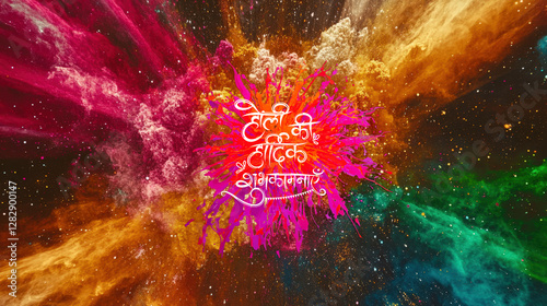 Multicolor Powder Explosion Background with Happy Holi Hindi Text, Used for Banner.