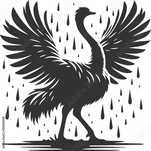 Ostrich spreading its wings in the rain animal vector silhouette