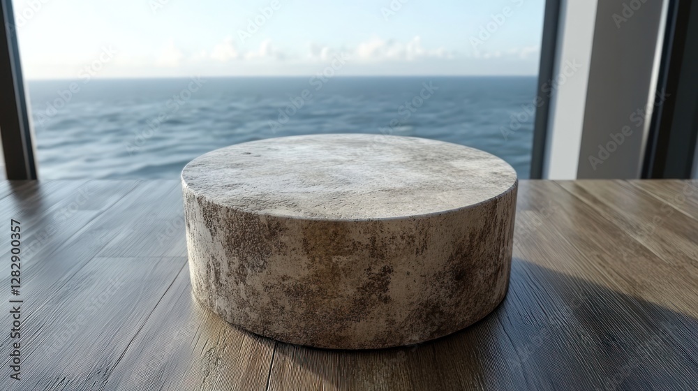 Naklejka premium Ocean view, textured platform, wood floor, display