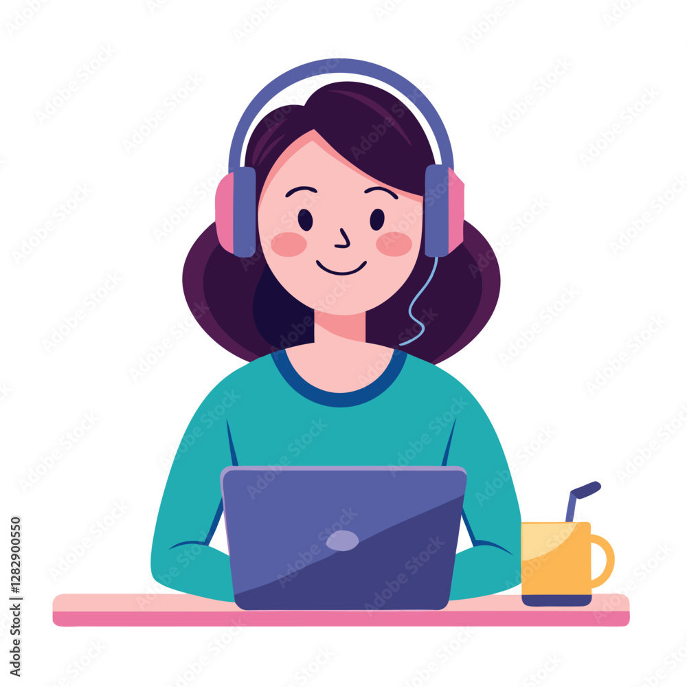 woman in headphones, studying at laptop. Happy female student watching business webinar. Video conference call, remote work communication. Flat vector illustration isolated on white background woman in headphones, studying at laptop. Happy female student watching business webinar. Video conference call, remote work communication. Flat vector illustration isolated on white background