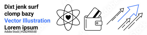 Atom symbol with heart, wallet with cards, and three upward arrows. Ideal for science innovation, finance management, business growth, research, technology advancement, love for science economic