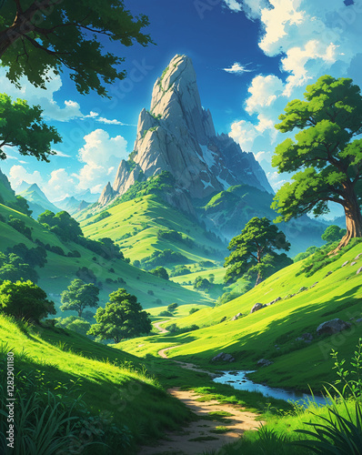 Majestic Mountain Peak Surrounded by Lush Green Valley