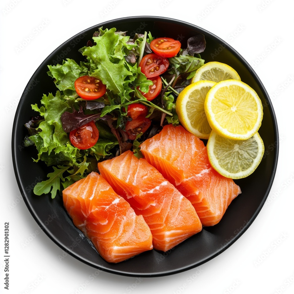 Delicious Salmon Plate with Fresh Salad and Lemon Slices - Healthy Eating and Culinary Presentation