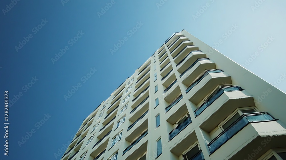Modern Apartment Building Exterior, Sunny Day, Low Angle View, Urban Landscape, Architectural Details Modern Apartment Building Exterior, Sunny Day, Low Angle View, Urban Landscape, Architectural Details