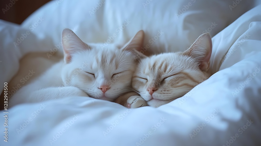 Two cats cuddling in white bedding at night Two cats cuddling in white bedding at night