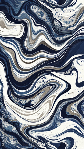 Abstract Marble Art with Navy, White, and Beige Swirls