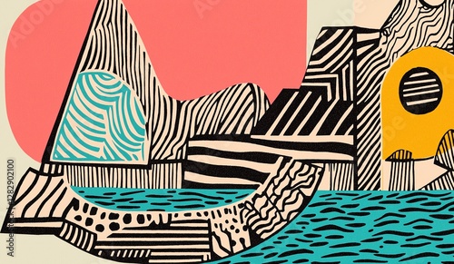 a nautical scene in a very unique and bold print graphic style