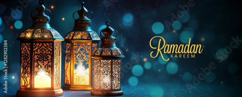 Ramadan Kareem Banner with Illuminated Arabic Lamps in Blue Bokeh Background Photo.