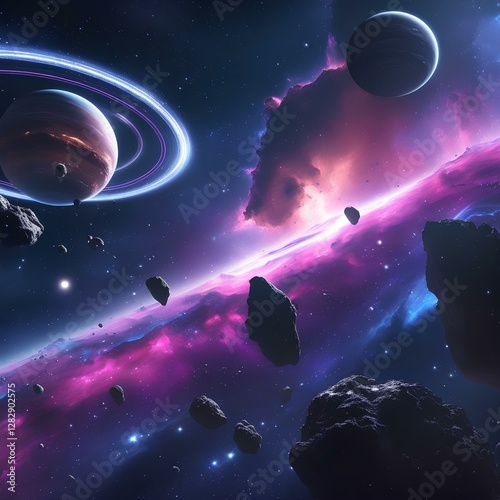 Spectacular Cosmic Vista: Colorful Planets, Nebulae, and Rings in Deep Space