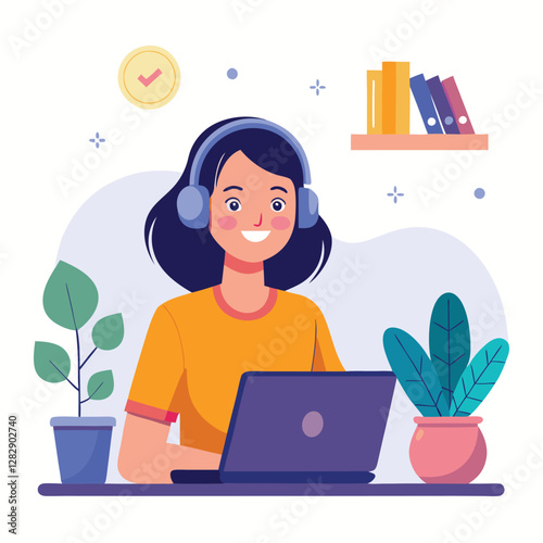 woman in headphones, studying at laptop. Happy female student watching business webinar. Video conference call, remote work communication. Flat vector illustration isolated on white background