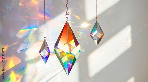 A glass prism sun catcher gracefully hangs in a studio, projecting vibrant light patterns and artistic reflections onto a clean white surface.