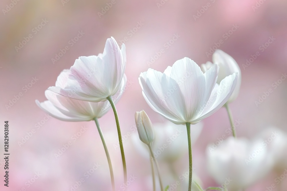 Delicate white flowers blooming against a soft and pink background Delicate white flowers blooming against a soft and pink background