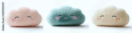 Three Adorable Fluffy Cloud Plush Toys in Pastel Colors Displayed on a Light Background
