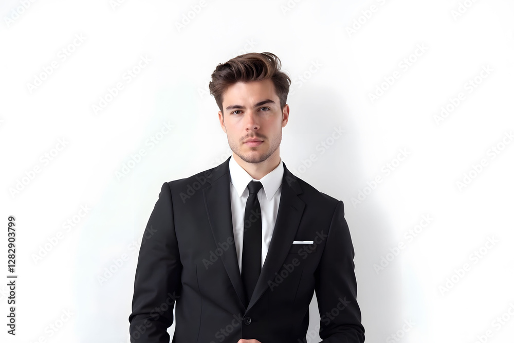 Young man in well tailored black suit looks at camera serious Young man in well tailored black suit looks at camera serious