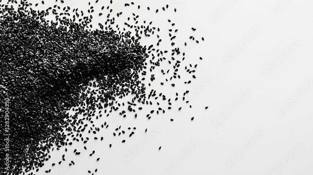 Fototapeta premium Artfully scattered black sesame seeds on a white background emphasize their vibrant color and texture in a minimalist display, showcasing their natural allure and culinary possibilities.