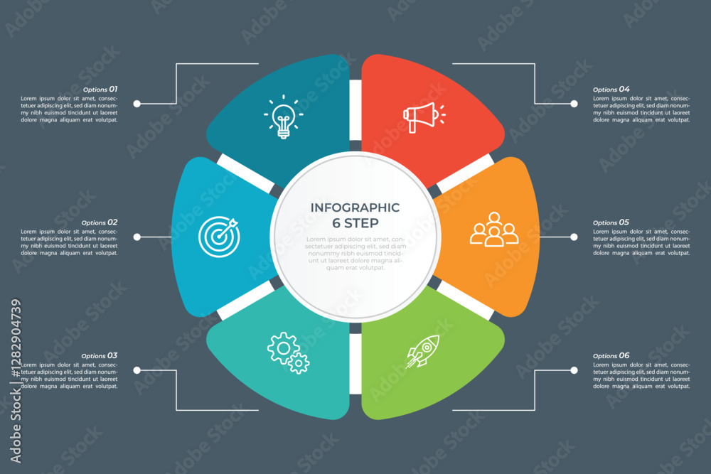 Pie Chart Glassmorphism Infographic Template With 6 Options, Steps, Parts, Segments. Vector Illustration For Business Financial Report