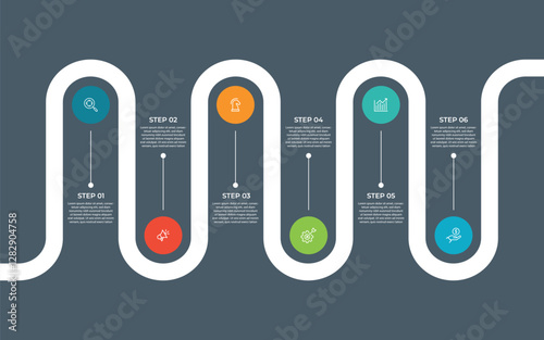 Infographic roadmap design template. Business Timeline of 6 Important Business Events annual business presentation. Vector illustration