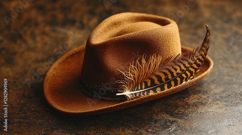 Elegant vintage hat with a delicately positioned feather, highlighting its intricate details and timeless design, ideal for fashion-themed visuals.