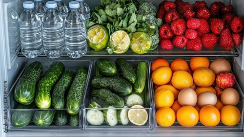 Organized fridge, healthy food, produce, water photo