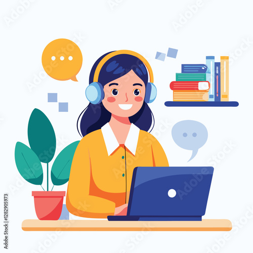 woman in headphones, studying at laptop. Happy female student watching business webinar. Video conference call, remote work communication. Flat vector illustration isolated on white background